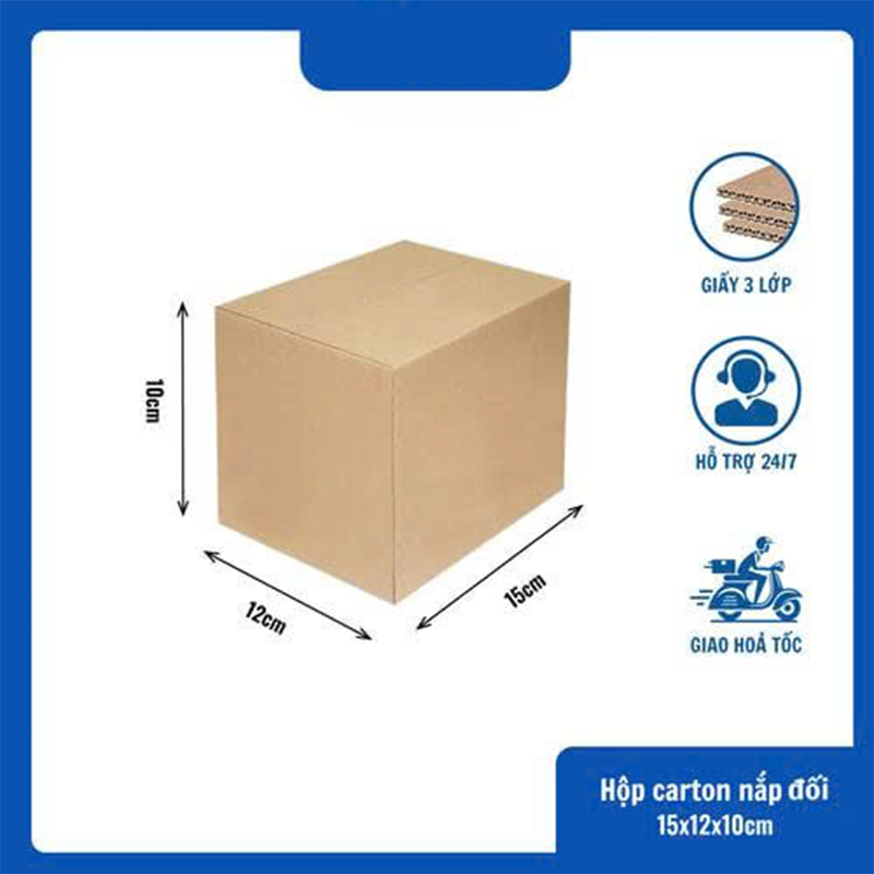 Hộp 15x12x10 cm - 3 lớp sóng B, mặt nâu, đáy mộc, nắp đối