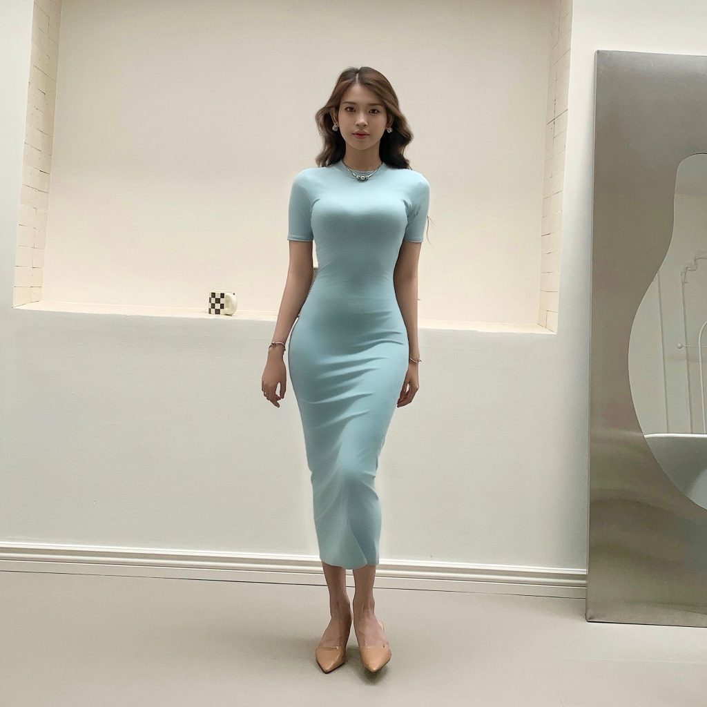 DD17 - Đầm Bodycon Cổ Tròn Tay Lửng Dáng Dài Ôm Body 123cm