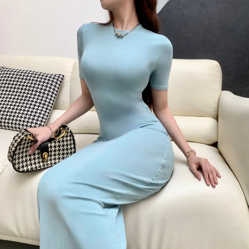 DD17 - Đầm Bodycon Cổ Tròn Tay Lửng Dáng Dài Ôm Body 123cm