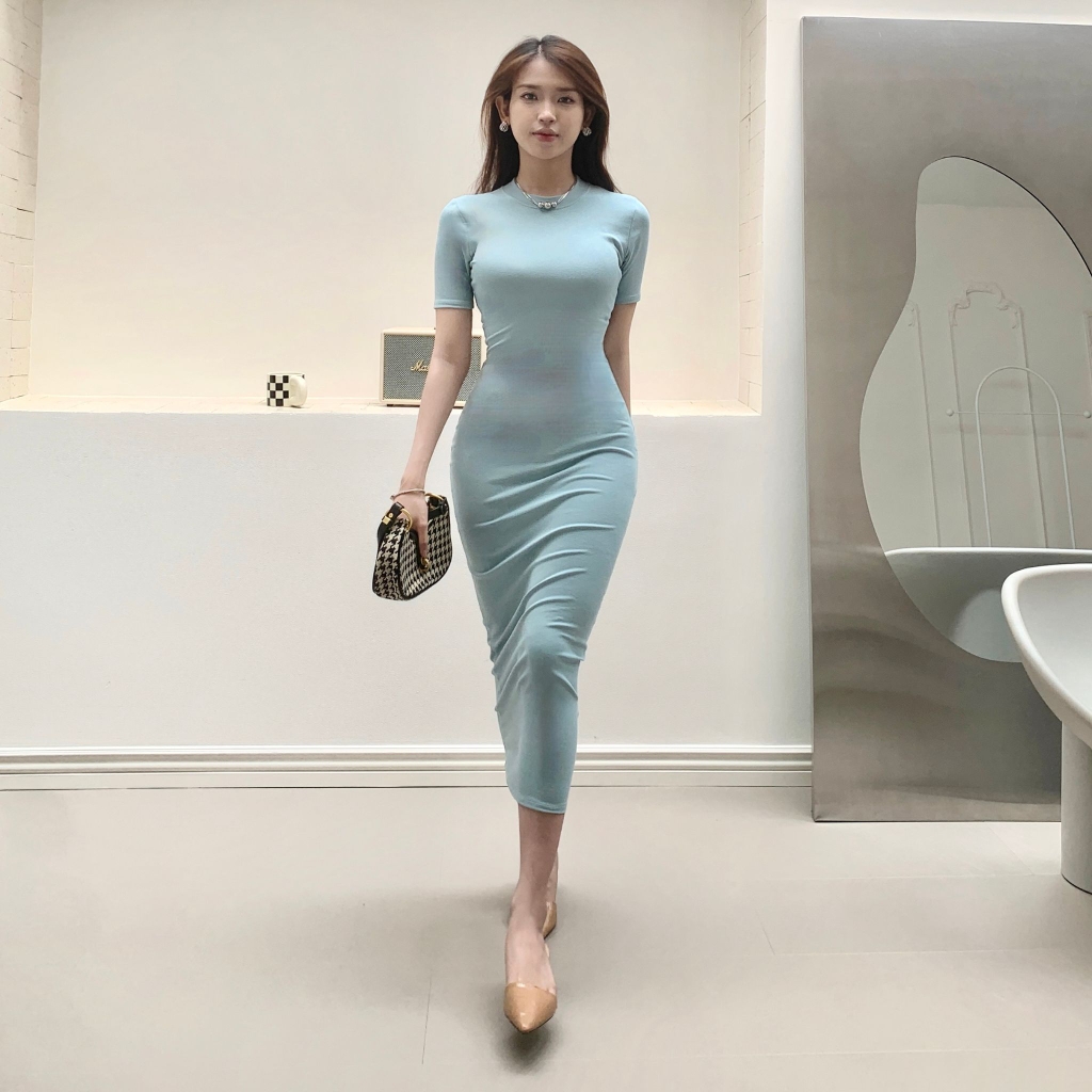 DD17 - Đầm Bodycon Cổ Tròn Tay Lửng Dáng Dài Ôm Body 123cm