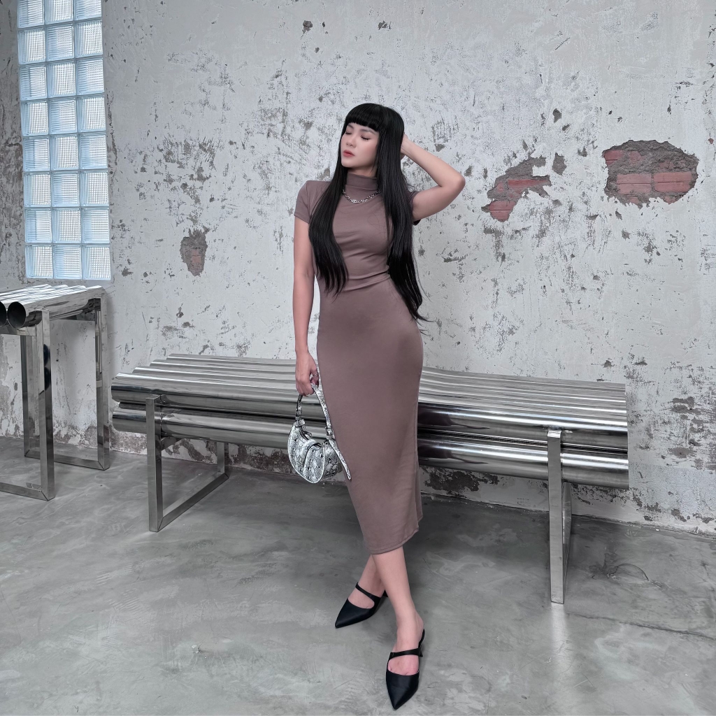 DD14 - Đầm Cổ Trụ Tay Con Dáng Dài Ôm