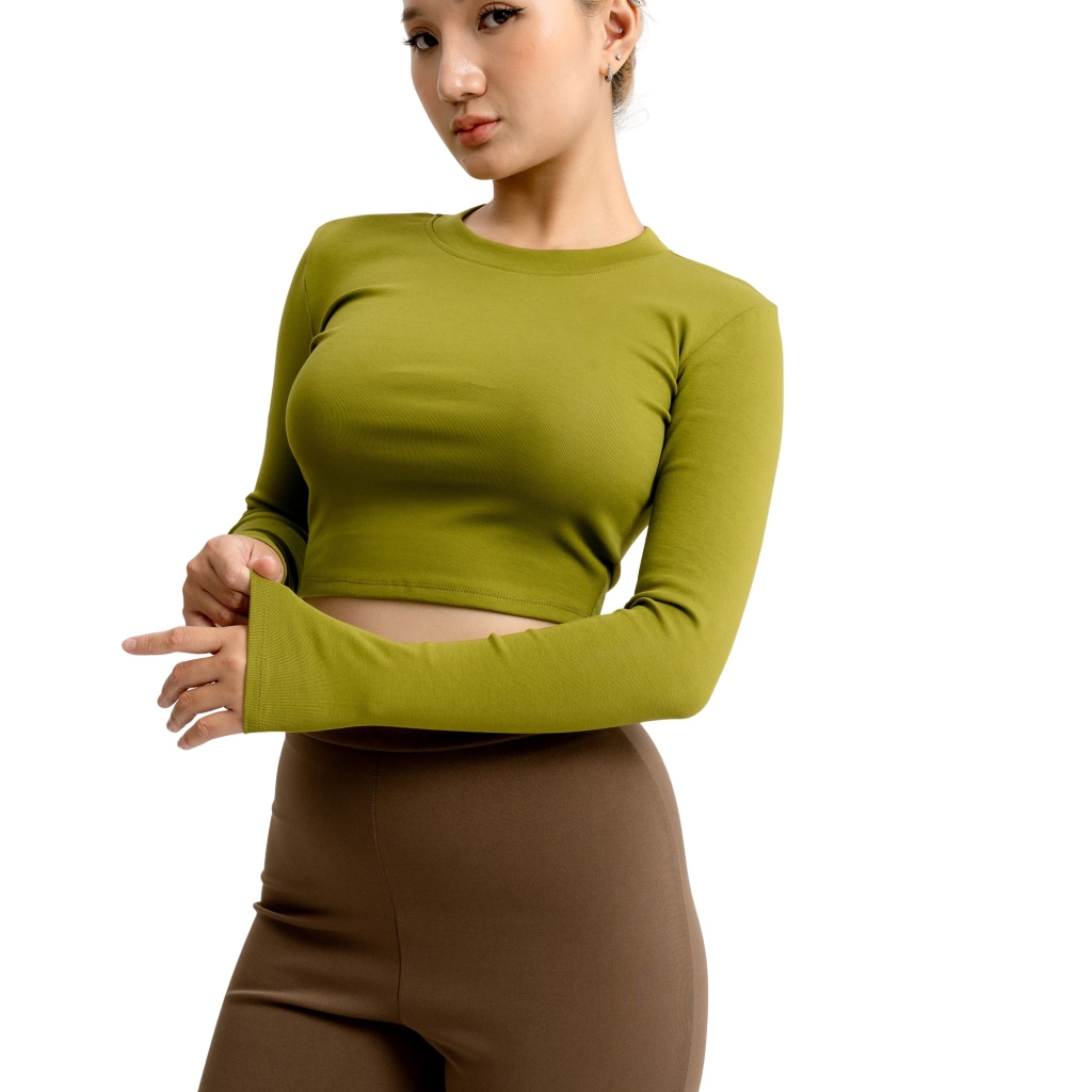 TD - Áo Tay Croptop Dài Cổ Tròn Ôm Dáng Trơn Thun Borip