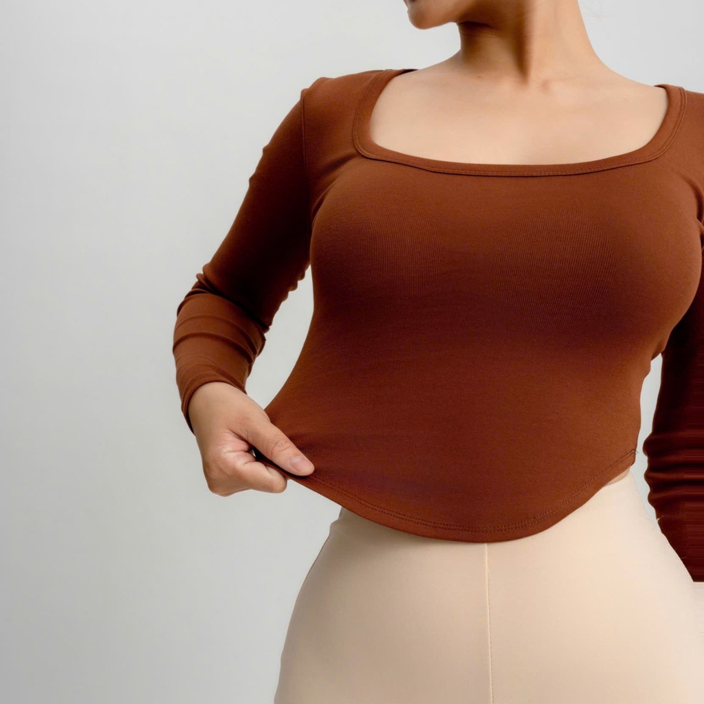 A8 - Áo Thun Croptop Cổ Vuông Vạt Bầu Dài Tay