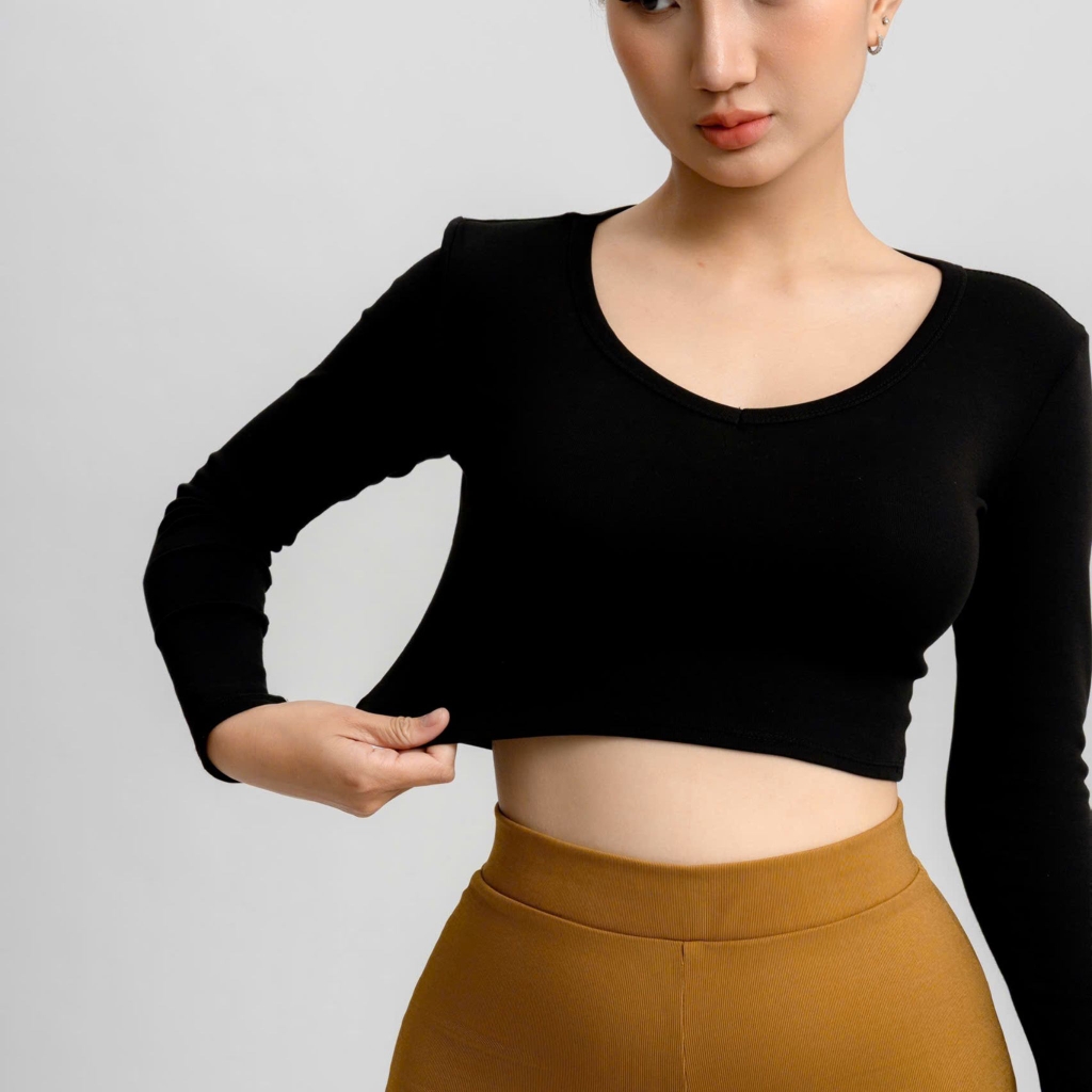 A12 - Áo Cổ Tim Tay Dài Nữ Có Viền Thun Borip