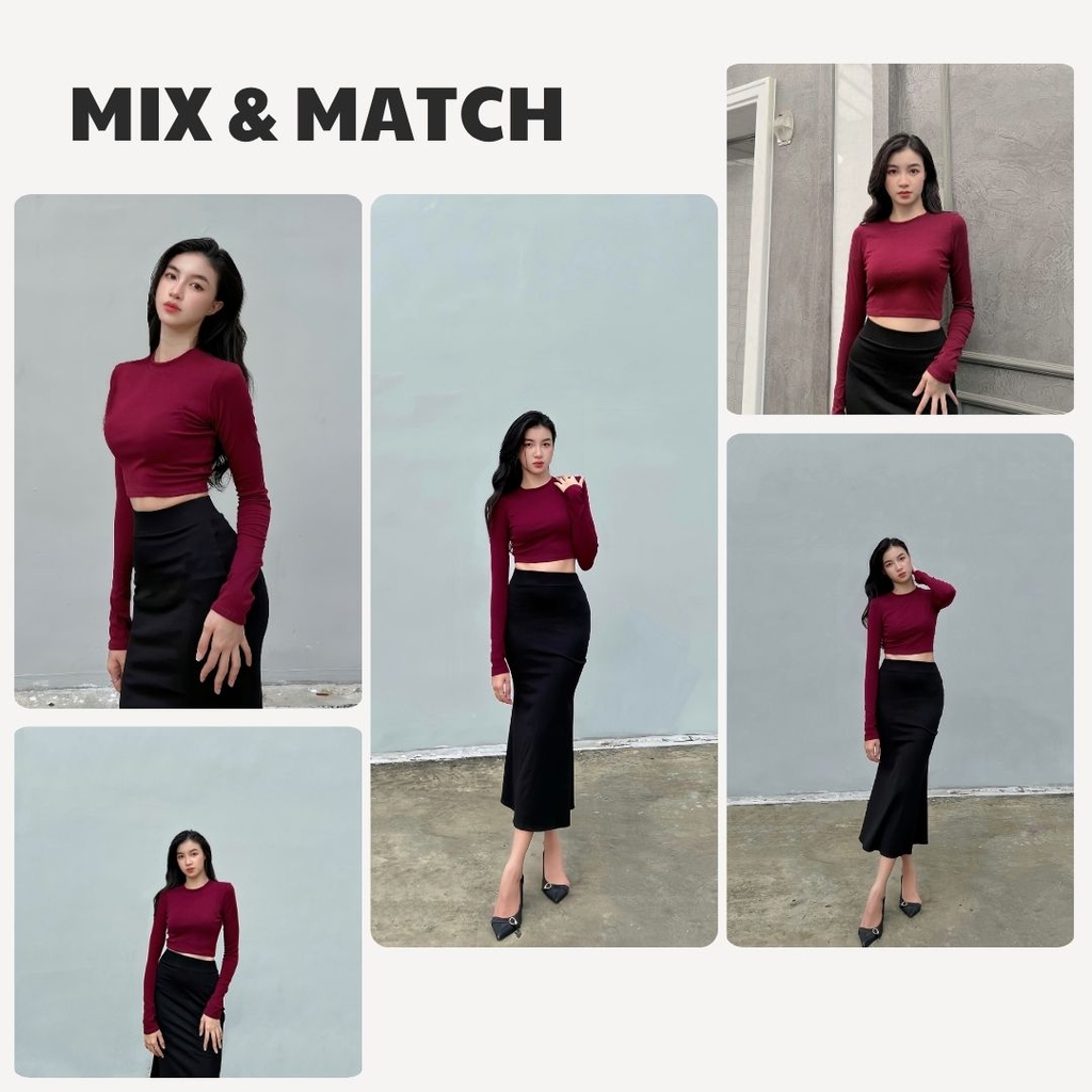 TD - Áo Tay Croptop Dài Cổ Tròn Ôm Dáng Trơn Thun Borip