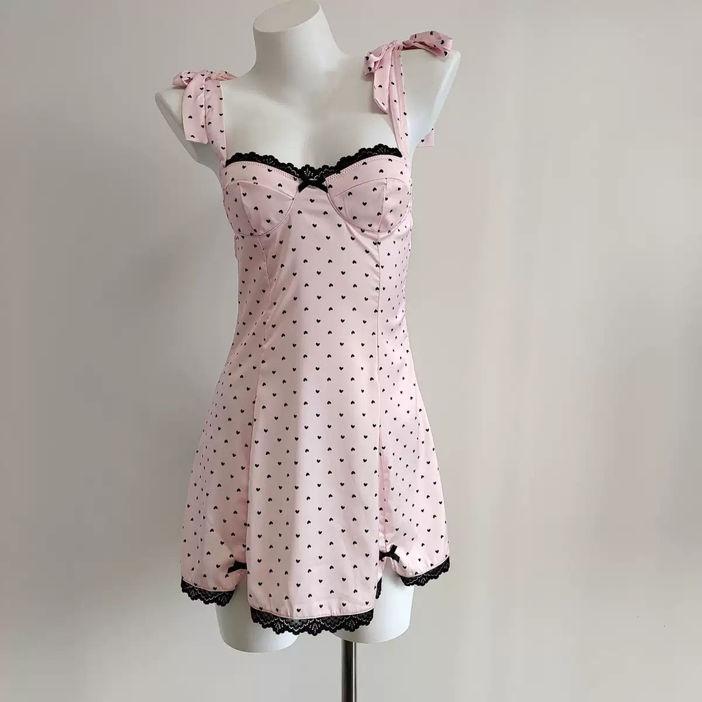 Váy 2 dây chấm bi Kem - Hồng
