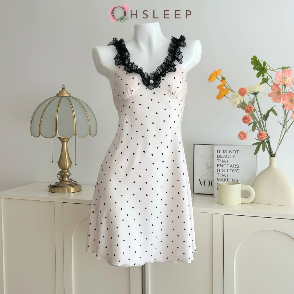 Váy 2 dây chấm bi cổ ren