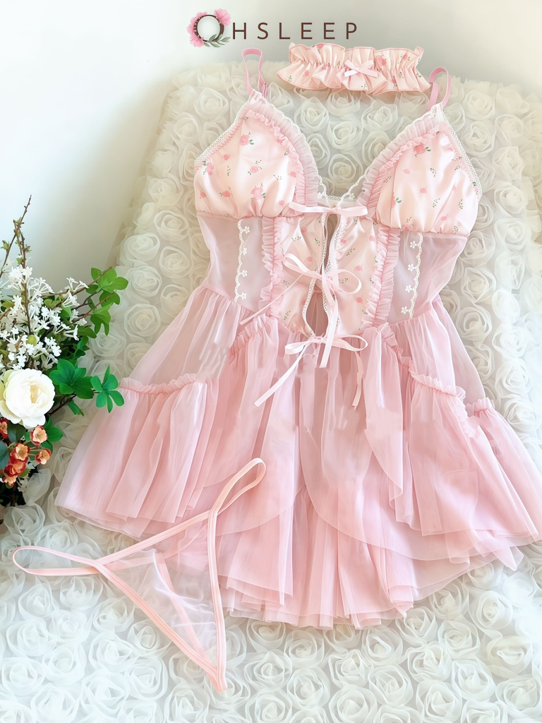 Váy 2 dây hoa ren sexy Kem Hồng