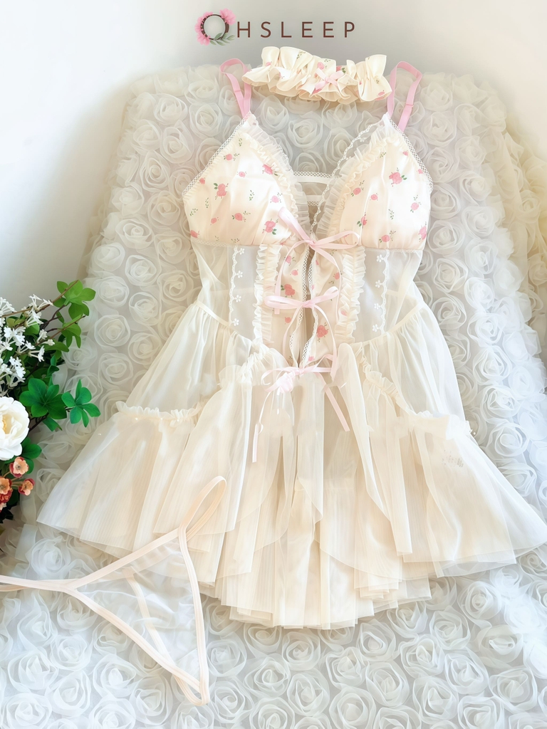Váy 2 dây hoa ren sexy Kem Hồng