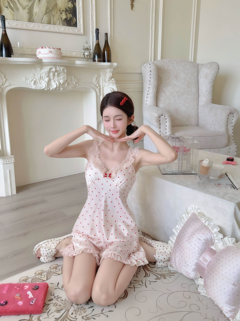 Đùi 2 dây chấm bi cổ ren 2