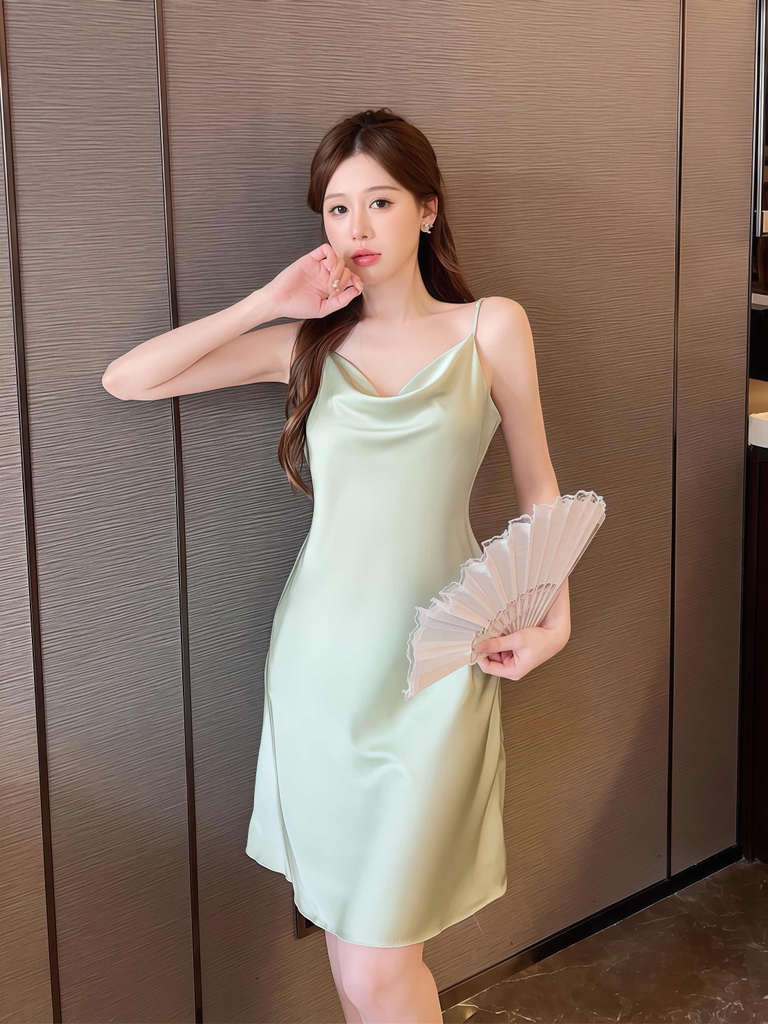 Váy 2 dây cổ đổ Kem Xanh