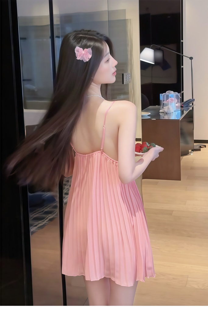 Váy 2d xếp li nơ Hồng