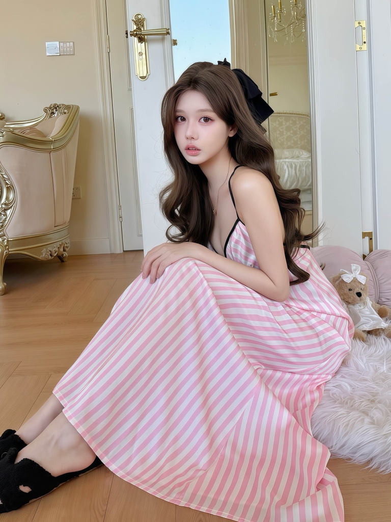 Váy 2 dây sọc Hồng dài
