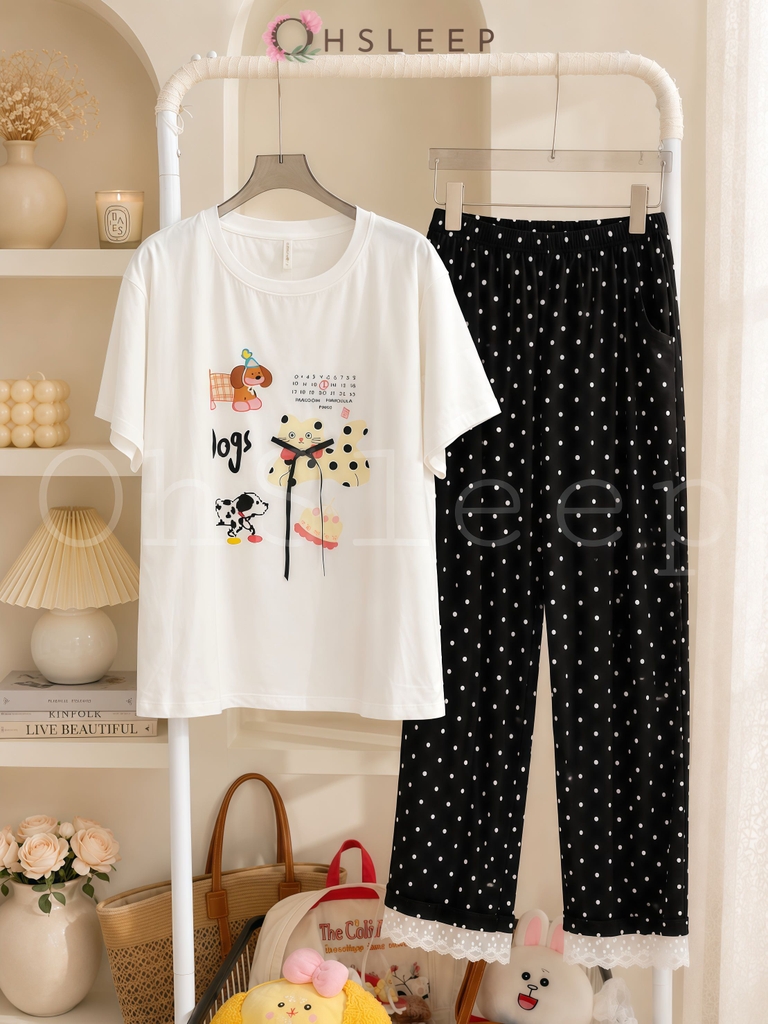 Tnqd cotton chấm bi quần đen