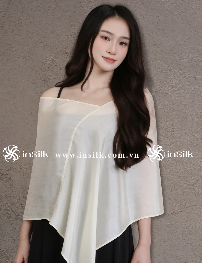 Khăn lụa tơ tằm | khăn choàng lụa - đơn | InSilk - Tố hy ( kem)