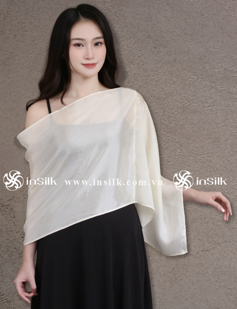 Khăn lụa tơ tằm | khăn choàng lụa - đơn | InSilk - Tố hy ( kem)