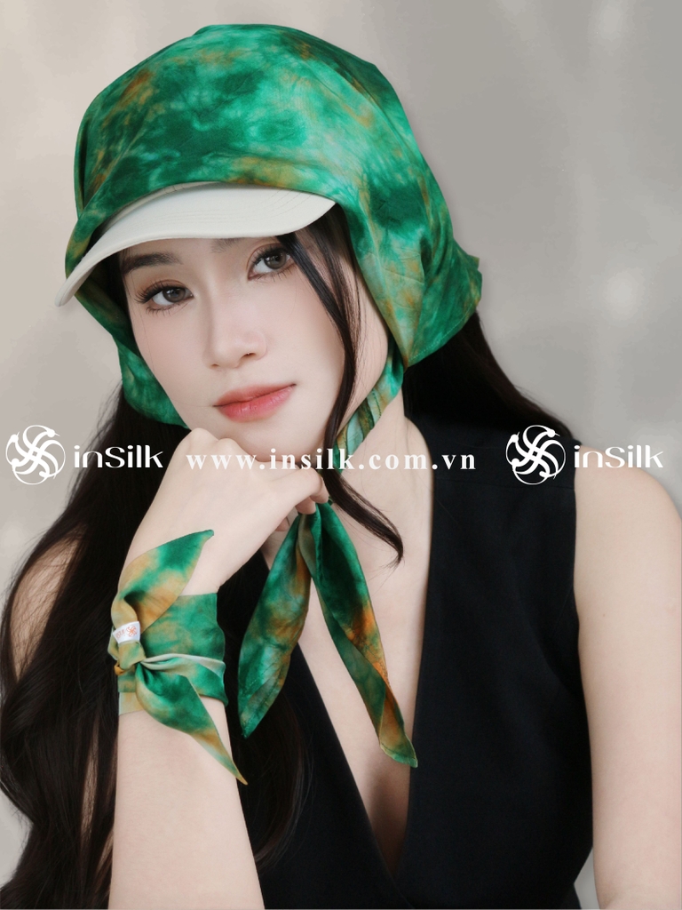 Khăn lụa tơ tằm | khăn lụa vuông 65*65 | InSilk - Diệp vân (xanh lá, cam)