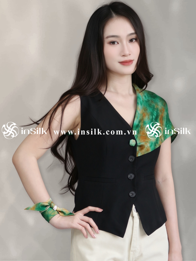 Khăn lụa tơ tằm | khăn lụa vuông 65*65 | InSilk - Diệp vân (xanh lá, cam)