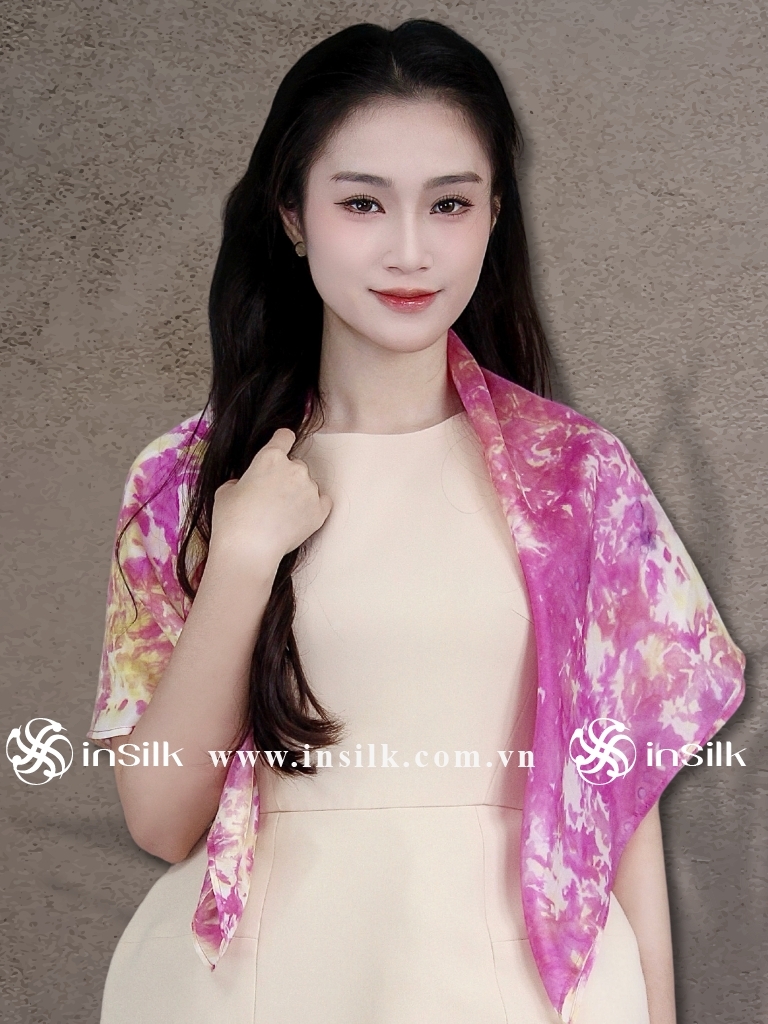 Khăn lụa tơ tằm | khăn lụa vuông 90*90 | InSilk - Đào vân (hồng, vàng)
