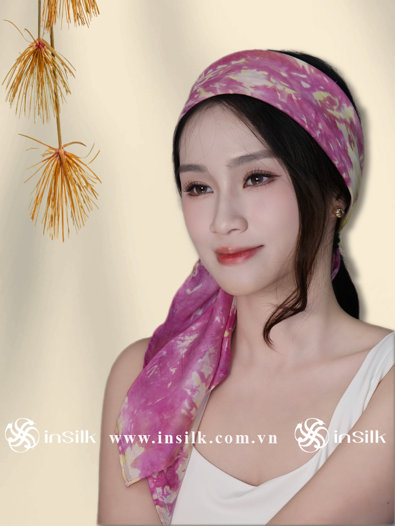 Khăn lụa tơ tằm | khăn lụa vuông 90*90 | InSilk - Đào vân (hồng, vàng)