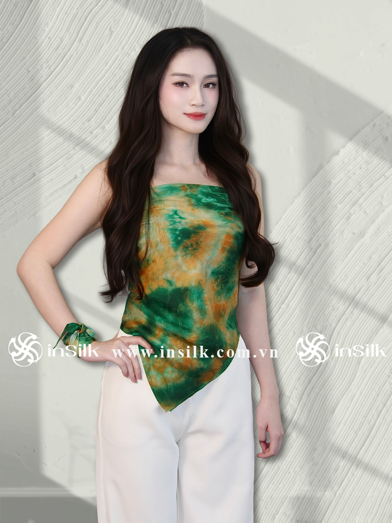 Khăn lụa tơ tằm | khăn lụa vuông 90*90 | InSilk - Diệp vân (xanh lá, cam)
