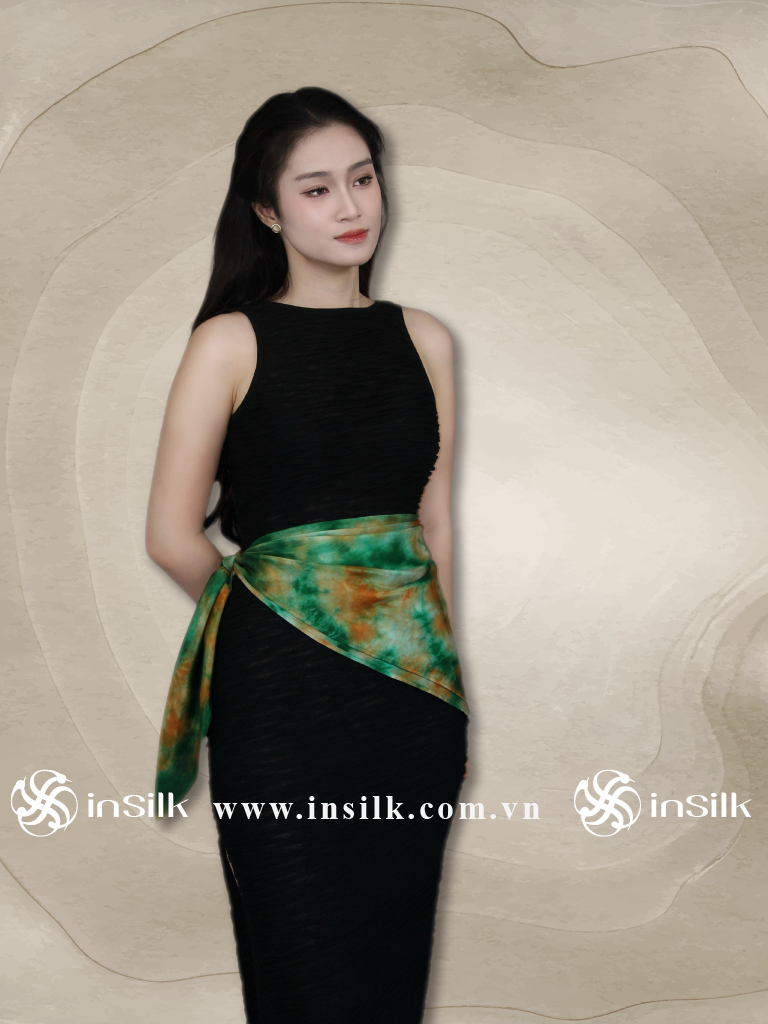 Khăn lụa tơ tằm | khăn lụa vuông 90*90 | InSilk - Diệp vân (xanh lá, cam)