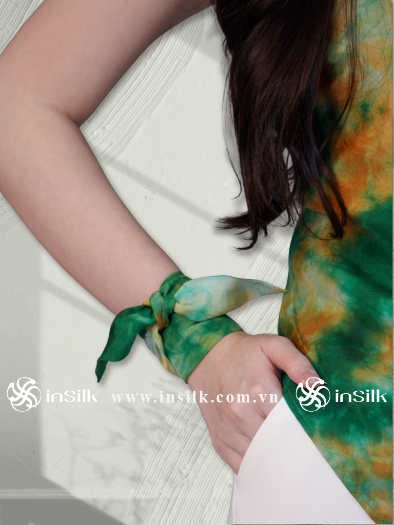 Khăn lụa tơ tằm | khăn Twilly | InSilk - Diệp vân (xanh lá, cam)