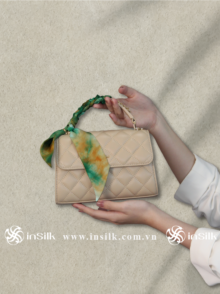 Khăn lụa tơ tằm | khăn Twilly | InSilk - Diệp vân (xanh lá, cam)