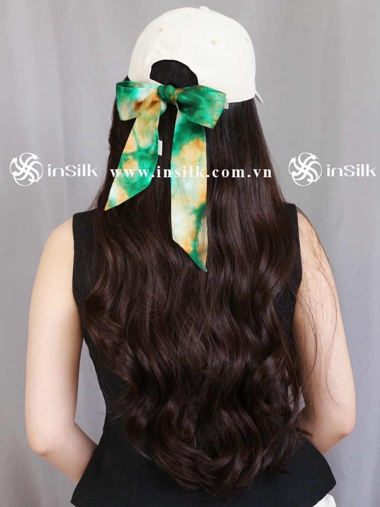 Khăn lụa tơ tằm | khăn Twilly | InSilk - Diệp vân (xanh lá, cam)