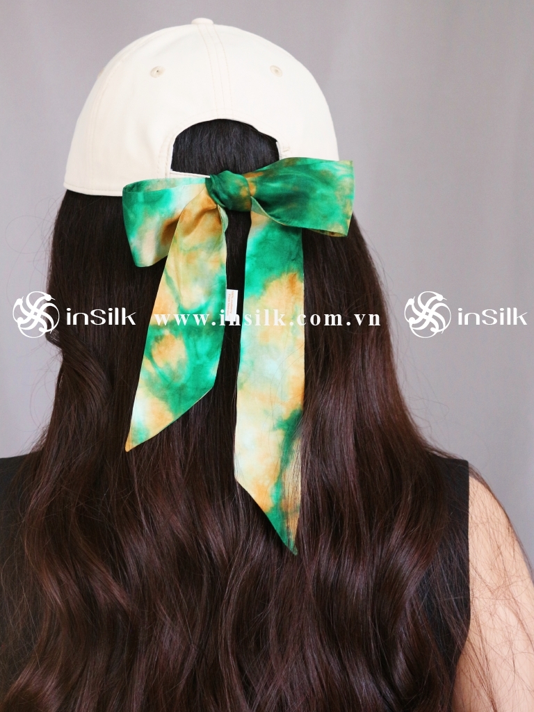 Khăn lụa tơ tằm | khăn Twilly | InSilk - Diệp vân (xanh lá, cam)