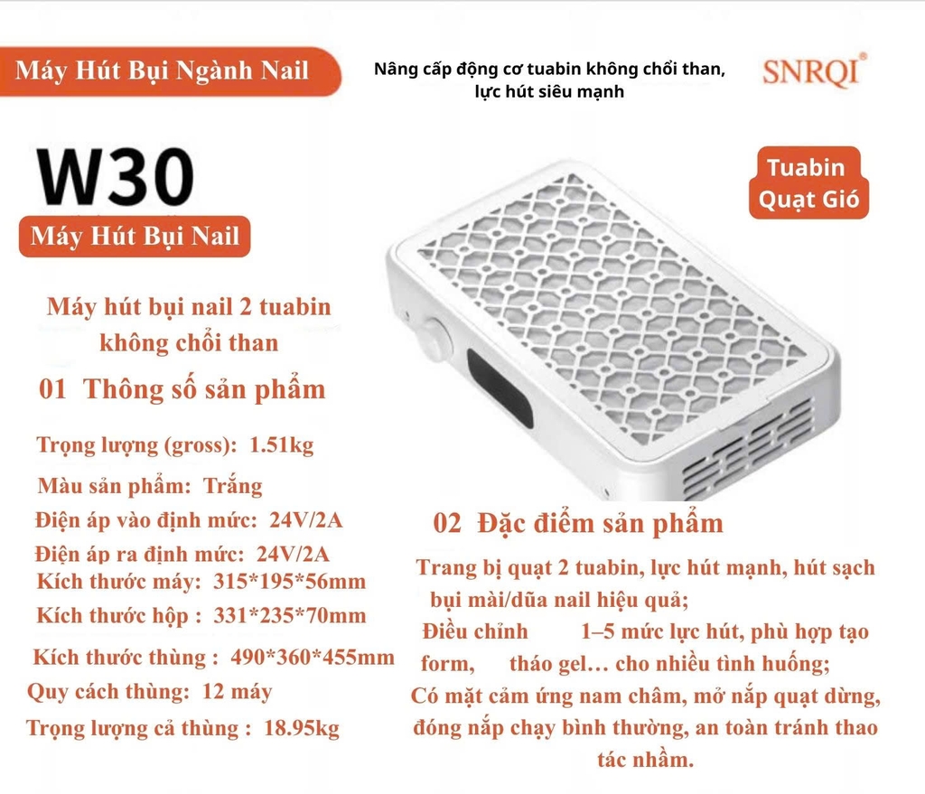 Máy Hút Bụi Nail SNRQI W-30 2 Tuabin Không Chổi Than