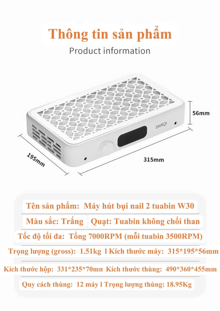 Máy Hút Bụi Nail SNRQI W-30 2 Tuabin Không Chổi Than