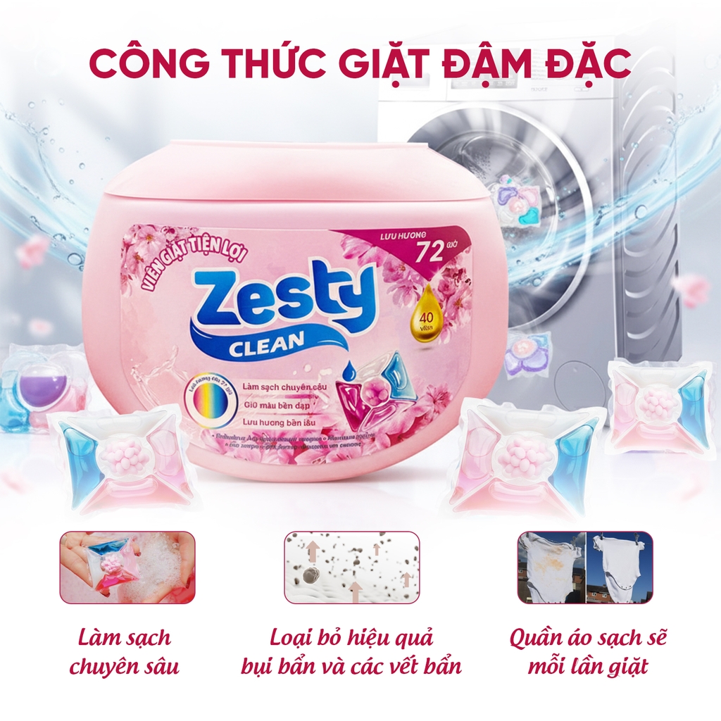 Viên giặt Zesty Clean 5in1 lưu hương 72 giờ hộp 40 viên - 440g 
- Hương Hoa hồng tháng Năm vùng Grasse