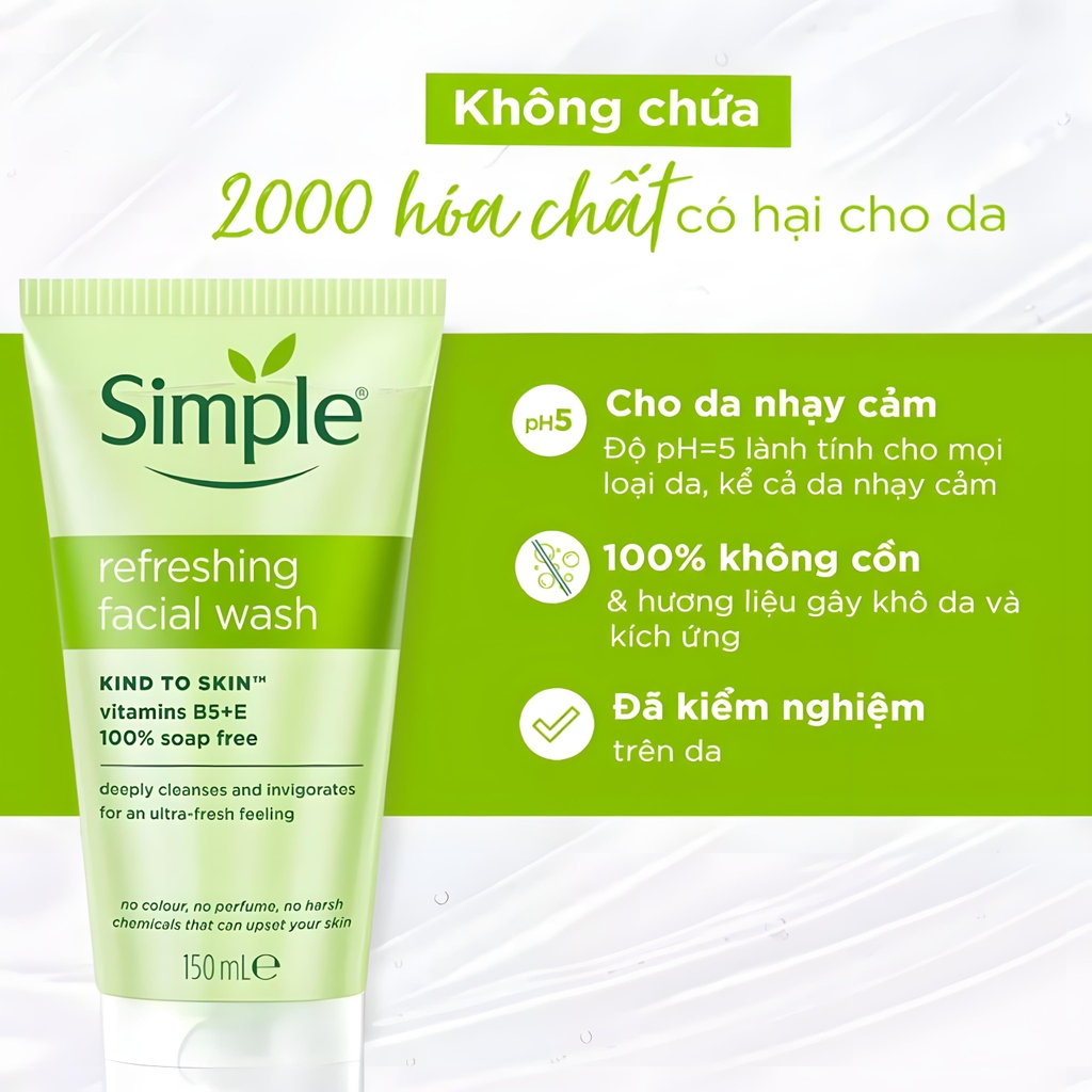 Sữa Rửa Mặt Simple 150ml Làm Sạch Dịu Nhẹ Cho Da Nhạy Cảm (TẶNG KÈM Nước tẩy trang 200ml)