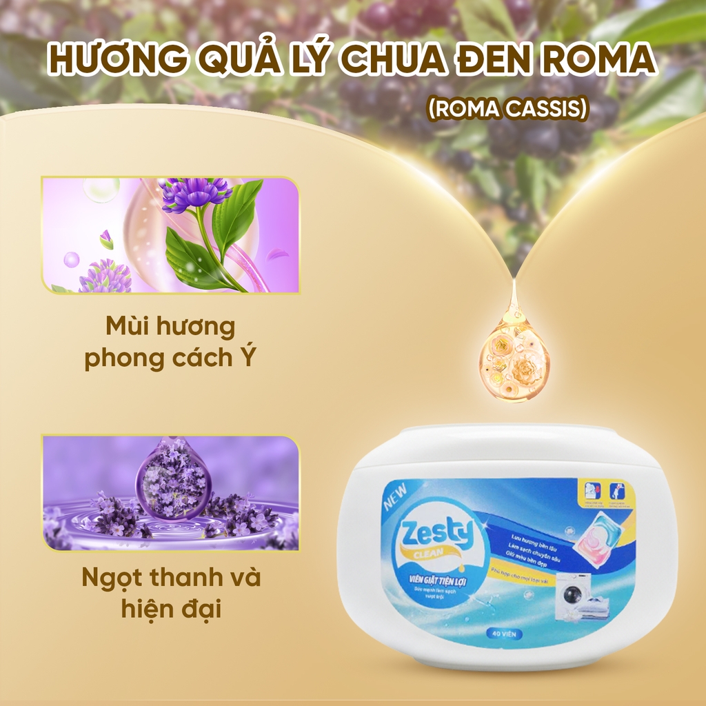 Viên giặt Zesty Clean 4in1 hộp 40 viên - 400g
- Hương Quả lý chua đen Roma (Roma Cassis)