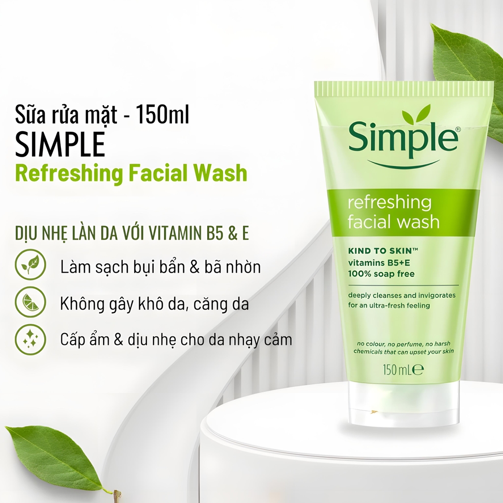 Sữa Rửa Mặt Simple 150ml Làm Sạch Dịu Nhẹ Cho Da Nhạy Cảm (TẶNG KÈM Nước tẩy trang 200ml)