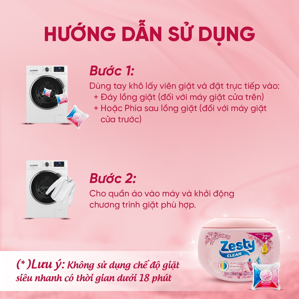 Viên giặt Zesty Clean 5in1 lưu hương 72 giờ hộp 40 viên - 440g 
- Hương Hoa hồng tháng Năm vùng Grasse