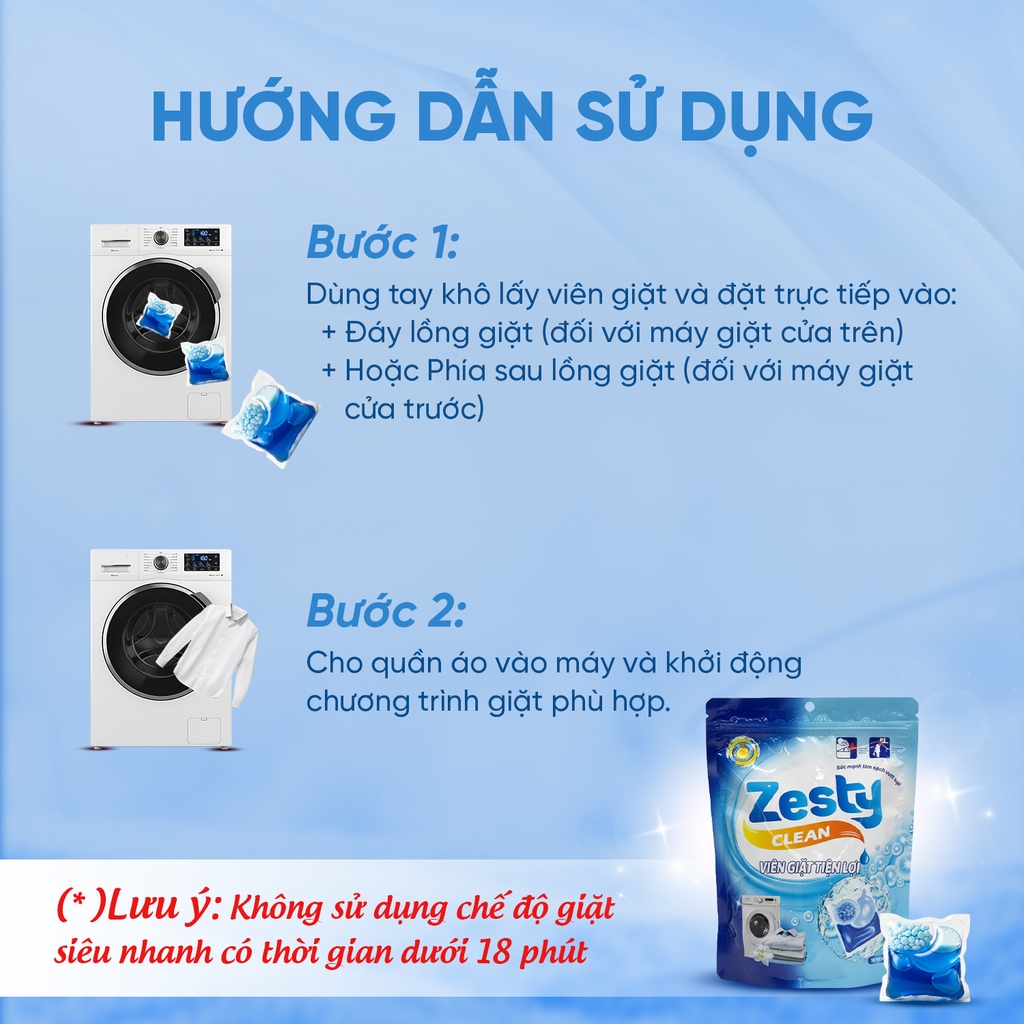Viên giặt Zesty Clean 3in1 túi 30 viên - 300g
- Hương Đại dương tươi mát