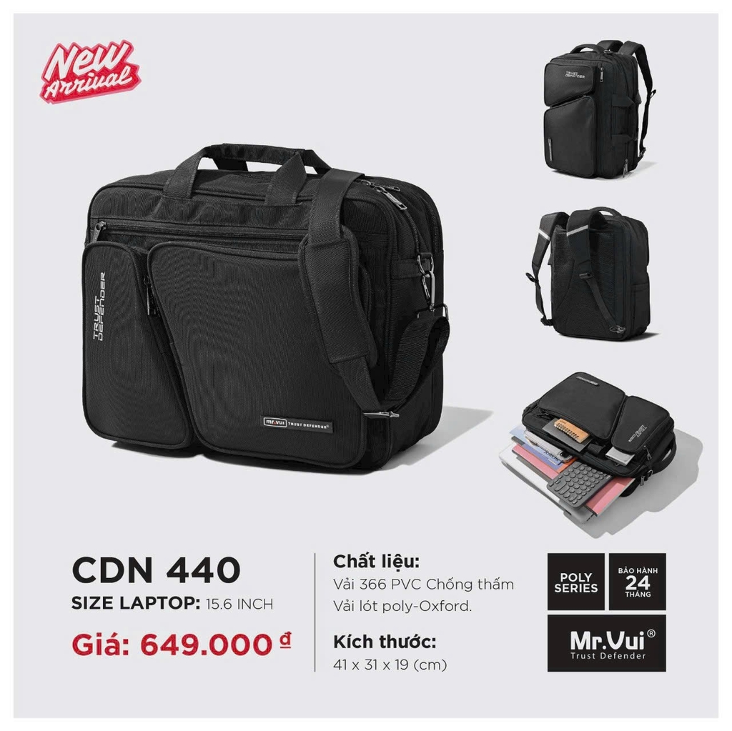 Cặp đa năng laptop 15.6 inch MR VUI 440 - Nhiều ngăn, ngăn laptop riêng, 3 cách mang, giấu quai, thoáng khí