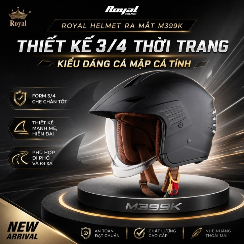 Mũ bảo hiểm 3/4 đầu kính âm ROYAL M399 form cá mập - MBH giấu kính hiện đại, chuẩn an toàn, lót tháo rời