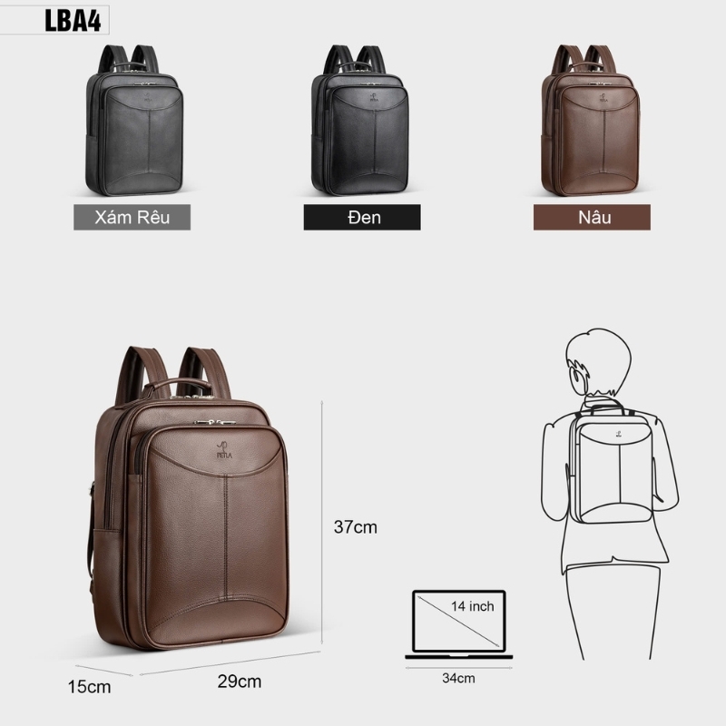 [CHÍNH HÃNG] Balo da laptop 14 inch PETLA LBA4 công sở thanh lịch - Nhiều ngăn, đứng form, chống thấm, không bong tróc