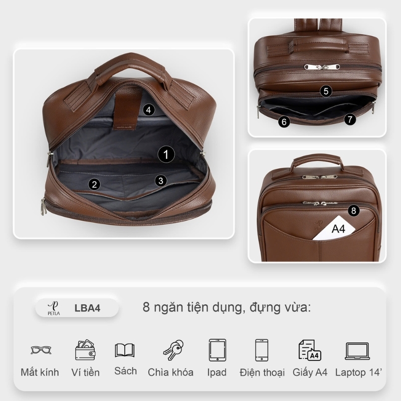 [CHÍNH HÃNG] Balo da laptop 14 inch PETLA LBA4 công sở thanh lịch - Nhiều ngăn, đứng form, chống thấm, không bong tróc