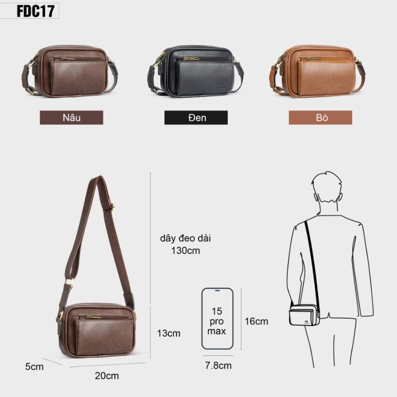 Túi đeo chéo da nam nữ FADODA FDC17 - Thanh lịch, gọn nhẹ, vintage, không bong tróc, không thấm nước