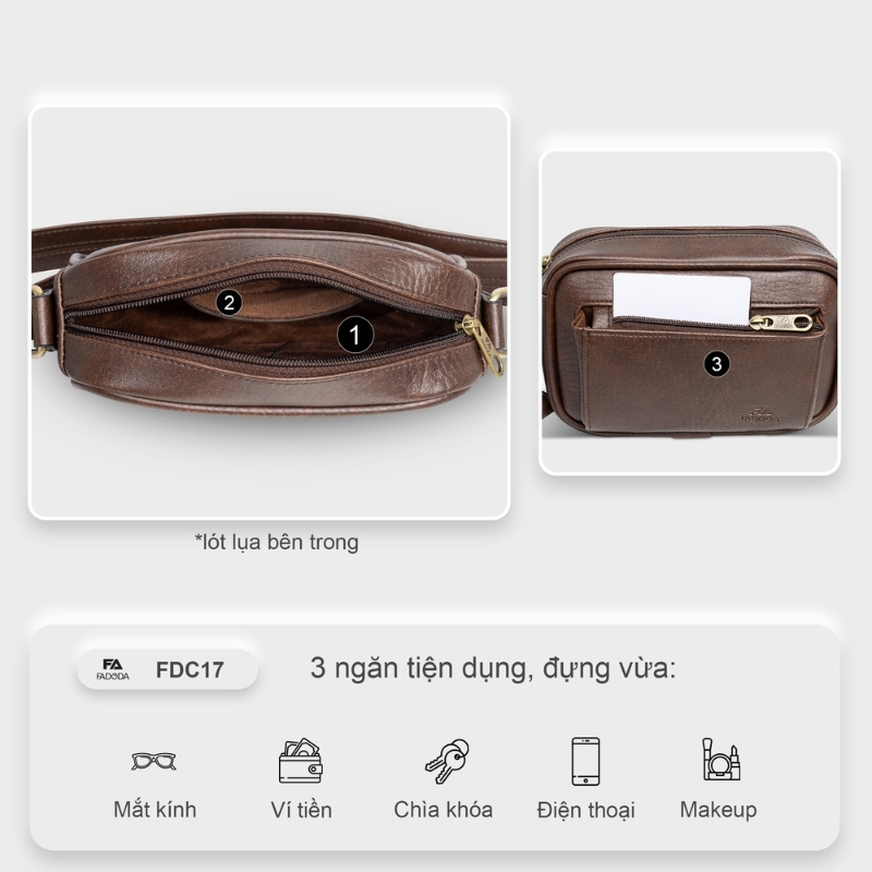 Túi đeo chéo da nam nữ FADODA FDC17 - Thanh lịch, gọn nhẹ, vintage, không bong tróc, không thấm nước