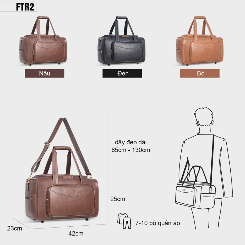 Túi du lịch da FADODA FTR2 - Thanh lịch, nhiều ngăn, chống thấm, chống bong tróc, đứng form cho nam nữ