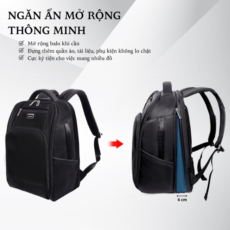 Balo laptop 15.6 inch HASUN 2652 - Mở 180 độ, có ngăn laptop riêng, ngăn nới rộng, đai gài vali, chống thấm