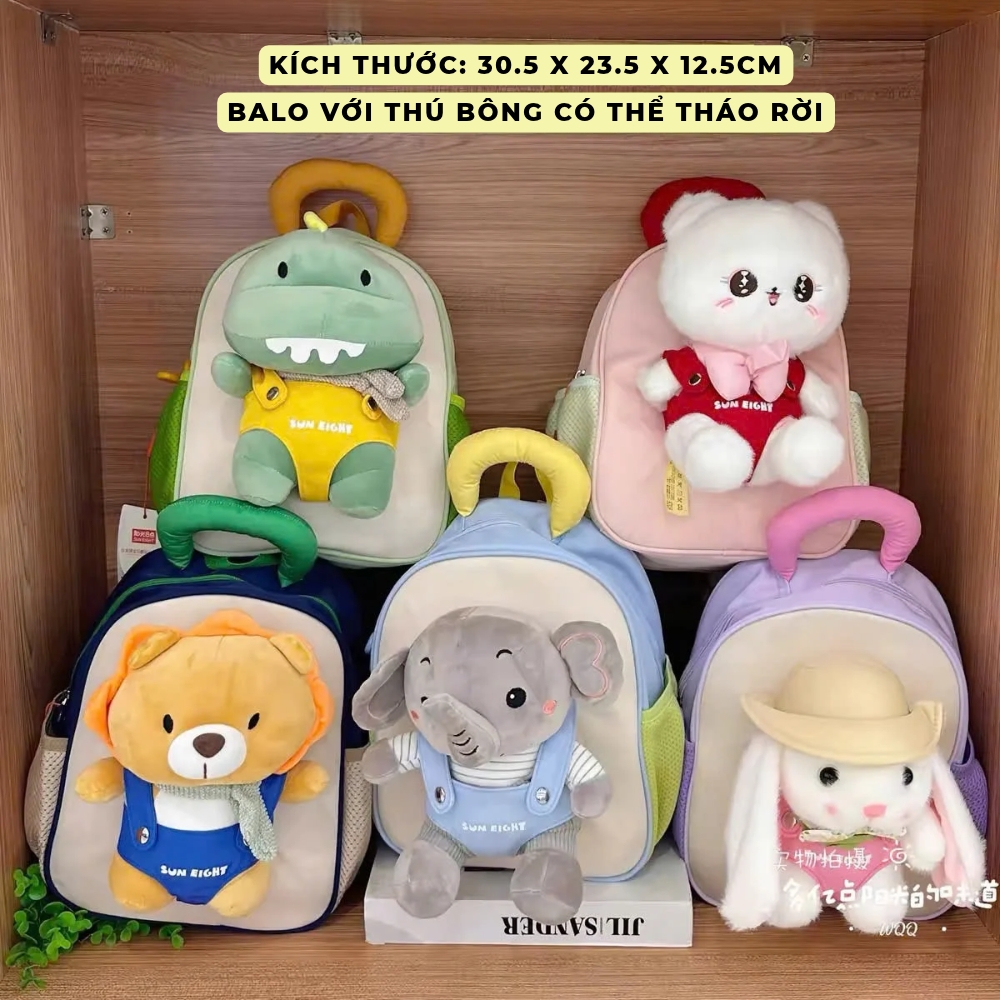 Balo mẫu giáo SUN EIGHT 22316 gấu bông tháo rời cho bé trai bé gái 2-5 tuổi, đáng yêu, cài ngực, phản quang