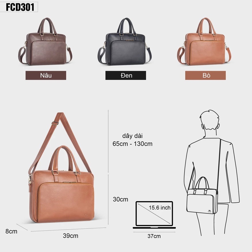 Cặp xách da công sở Laptop 15.6 inch FADODA FCD301 - Lịch lãm, nhiều ngăn, chống thấm nước