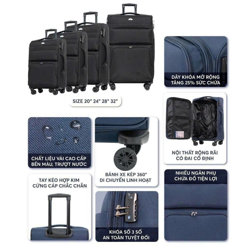 Vali kéo vải HÙNG PHÁT 026 size cabin xách tay 20 inch - Trượt nước, nới rộng tăng 25% dung tích, khóa 3 số