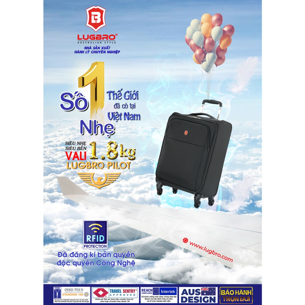 Vali Hành Lý Xách Tay Siêu Nhẹ 1.8kg LUGBRO PILOT - Bảo Hành Trọn Đời